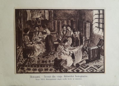 Litografie interbelică 3 lipită pe carton / M. Olinescu / BOTOSANI Scenă femei foto