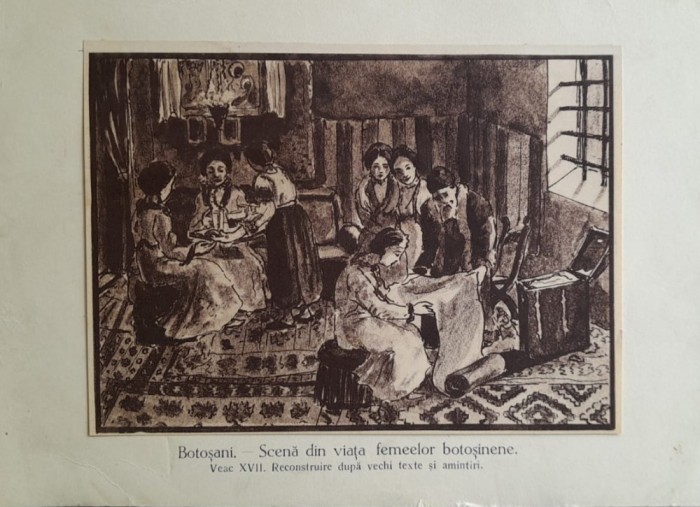 Litografie interbelică 3 lipită pe carton / M. Olinescu / BOTOSANI Scenă femei