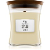 Woodwick White Teak lum&acirc;nare parfumată cu fitil din lemn 275 g