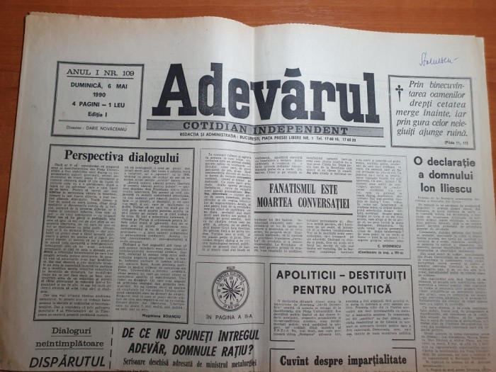 adevarul 6 mai 1990-declaratia lui ion iliescu