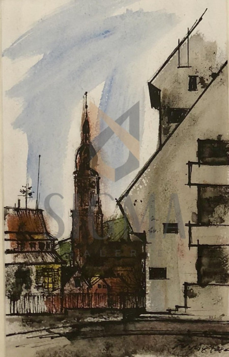 TABLOU, NICOLAE NOBILESCU &quot;COLT DE ARHITECTURA GERMANA&quot;, Tehnica: Mixta, Dimensiuni: 51 x 32cm.