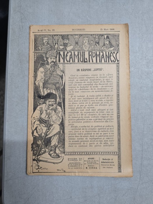 Neamul Rom&acirc;nesc nr. 29/25.03.1909 - Director N. Iorga