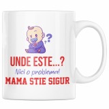 Cana alba personalizata &quot;Unde este, nici o problema, mama stie sigur&quot;, INOVATIX&reg;. 330ml, Oem