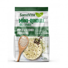 Mini-Rondele Orez Expandat SanoVita, cu Piper si Ierburi, 45 g, Mini Rondele Orez Expandat SanoVita, Mini Rondele din Orez Expandat SanoVita, Mini Ron