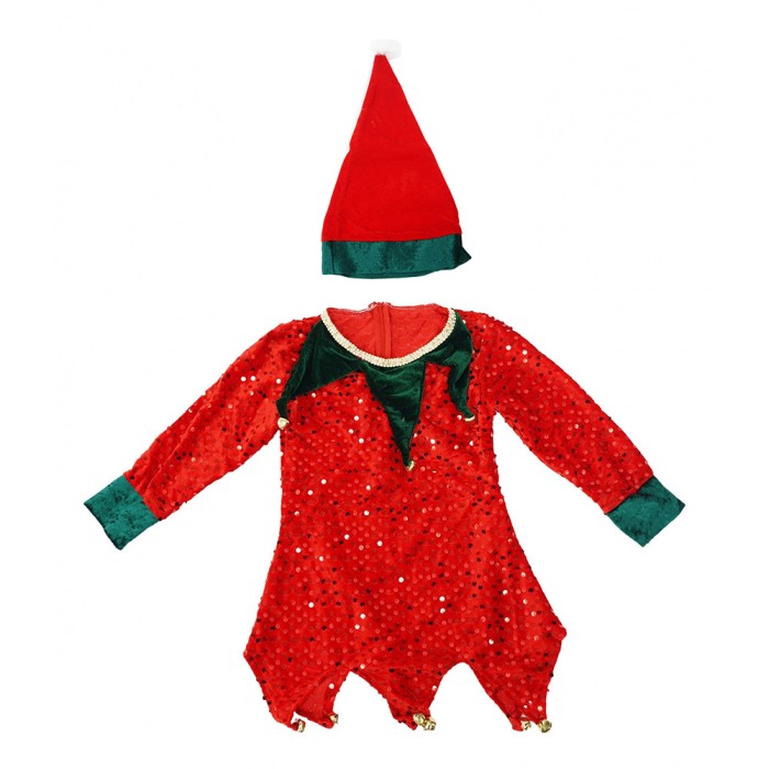 Costum craciun pentru copii 10 - 13 ani, spiridus, catifea, rosu