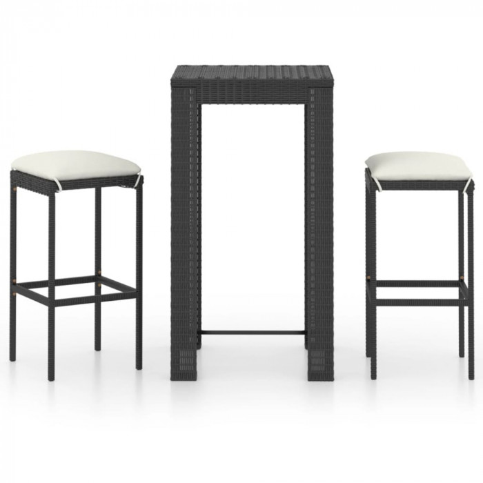 vidaXL Set mobilier bar de grădină cu perne, 3 piese, negru, poliratan