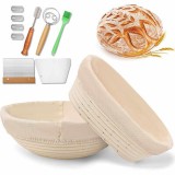 Set de 2 cosuri rotang pentru dospit paine &ndash; cos rotund de 22,9 cm si cos oval de 25,4 cm cu captuseala din in, racleta pentru aluat, lama de taiat si