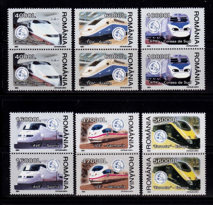 RO 2004 LP 1631 &quot;Trenuri moderne&quot; , serie in perechi verticale , MNH