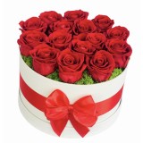 Aranjament floral personalizabil in cutie cadou, Eventissimi, Trandafiri Naturali Criogenati, Licheni naturali stabilizati, Rosu Alb