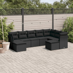 Set mobilier de gradina cu perne, 9 piese, negru, poliratan