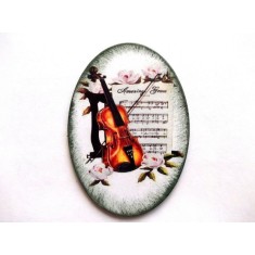 Magnet cu vioara, portativ muzical si flori, tablou oval pe lemn 40415