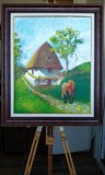 P10. Tablou original in acrilic pe panza, Casuta bunicilor, inramat, 52cmx62cm, Peisaje, Realism, RavariuArt