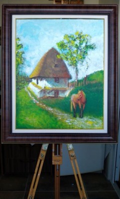 P10. Tablou original in acrilic pe panza, Casuta bunicilor, inramat, 52cmx62cm foto