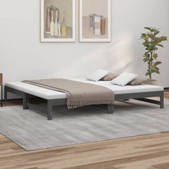 Pat de zi extensibil, gri, 2x(90x200) cm, lemn masiv de pin