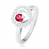 Inel realizat din argint 925, placat cu rodiu, contur inimă cu zirconiu rotund roz - Marime inel: 56