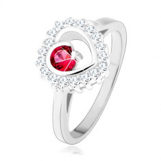 Inel realizat din argint 925, placat cu rodiu, contur inimă cu zirconiu rotund roz - Marime inel: 52