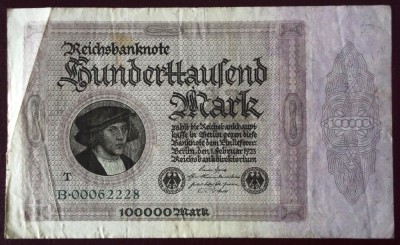 Germania 100.000 Mark 1923 litera T in stanga portretului o singura serie 228 ** foto