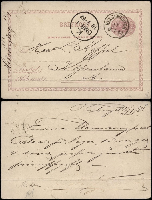 Sweden 1882 Old postcard stationery Helsingborg to Copenhagen Denmark DB.015