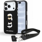 Husa pentru Apple iPhone 18 Pro / 17 Pro, Karl Lagerfeld, Saffiano Crossbody Karl &amp; Choupette Head's Pins Logo, Neagra