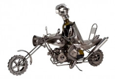 Suport din Metal lucios pentru Sticla de Vin, model Motociclist, Capacitate 1 Sticla, Argintiu Negru, H41cm L61cm foto