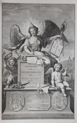 GRAVURA PE METAL , FRONTISPICIUL UNE CARTI de JEAN LE CLERC , APARUTE IN OLANDA , VOLUMUL III , GRAVURA de A. BLOOTELING , SECOLUL XVIII foto