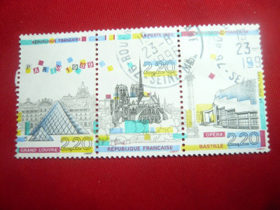 Straif 3 valori (din 5) 1989 Franta- Panorama Paris , stampilata foto
