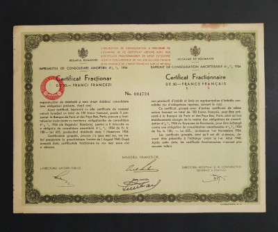 Imprumutul de consolidare din 1934 , certificat 50 franci , titlu , actiuni foto