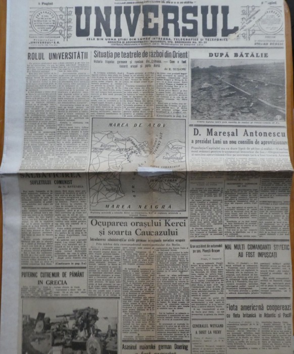 Ziarul Universul, 20 noiembrie 1941, frontul din Crimeea
