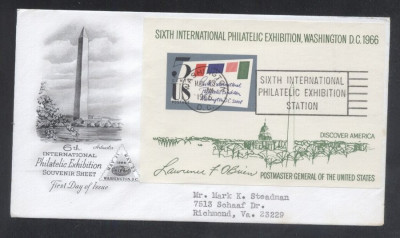United States 1966 Phila Expo SIPEX imperf. sheet FDC K.636 foto