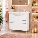 Baza si lavoar ceramic GN1531, mobilier baie stativ 80 cm, front MDF, 3 usi, 2 sertare, balamale soft close, picioare cromate reglabile, alb