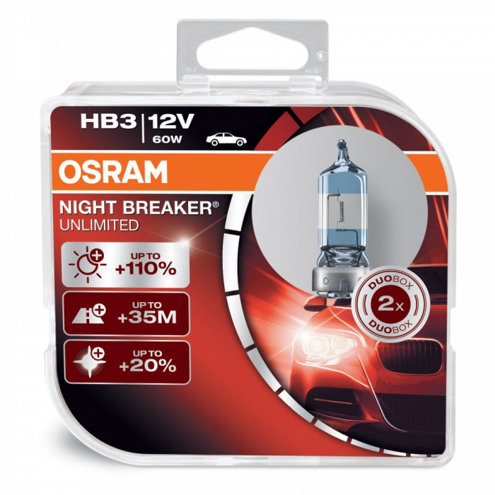 Set 2 becuri Osram HB3 Night Breaker Unlimited (+110 lumina) 12V 60W 9005NBU