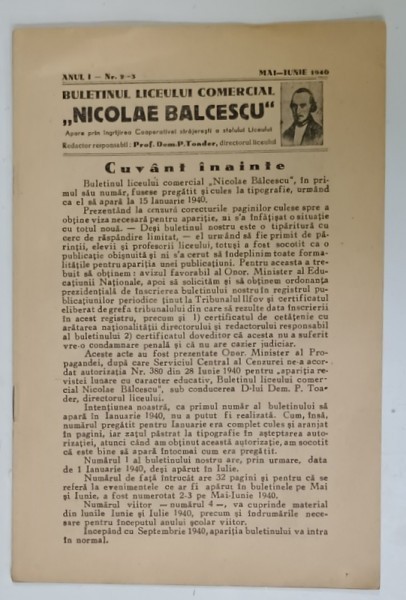BULETINUL LICEULUI COMERCIAL &#039; NICOLAE BALCESCU &#039; , BUCURESTI , NR.2-3 , 1940