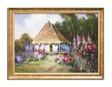 Cumpara ieftin Tablou casa cu flori in gradina pictat manual inramat, Zi minunata, 80x60cm ulei pe panza, rama din lemn, Geo Ungureanu