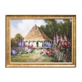 Tablou casa cu flori in gradina pictat manual inramat, Zi minunata, 80x60cm ulei pe panza, rama din lemn, Geo Ungureanu