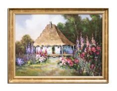 Tablou casa cu flori in gradina pictat manual inramat, Zi minunata, 80x60cm ulei pe panza, rama din lemn, Geo Ungureanu
