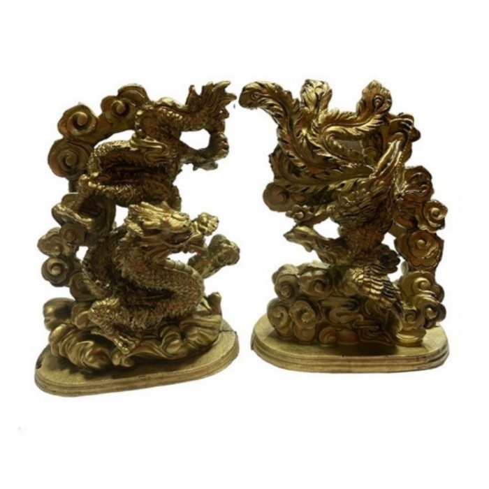 Set statuete Feng Shui Dragon cu perla nemuriri si Pasarea Phoenix 13 cm, model