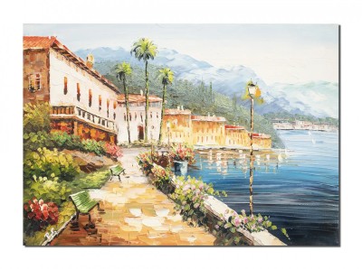 Tablou peisaj lacul Como pictat manual, Colt de rai, 70x50cm ulei pe panza de in, Magistral foto