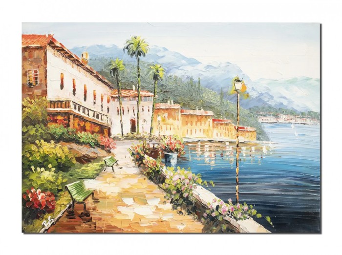 Tablou peisaj lacul Como pictat manual, Colt de rai, 70x50cm ulei pe panza de in, Magistral