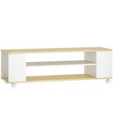 HOMCOM Mobilier TV cu roți 120 cm, mobilier TV pentru televizoare p&acirc;nă la 140 cm, 2 rafturi deschise, alb și natural | Aosom Romania