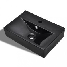 vidaXL Chiuvetă baie loc robinet/preaplin negru ceramic dreptunghiular
