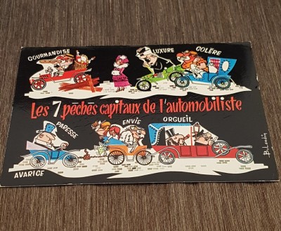 Carte Poștală Umoristică Vintage &amp;ndash; &amp;bdquo;Les 7 P&amp;eacute;ch&amp;eacute;s Capitaux de l&amp;#039;Automobiliste&amp;quot;, Ilustrație foto