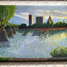 Peisaj citadin, pe malul râului, pictură semnată £