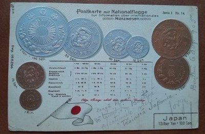 Carte postala, circulata, steaguri nationale, 1905 foto