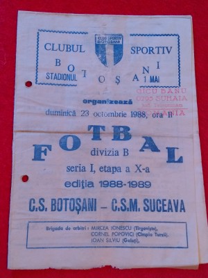 Program meci fotbal CS BOTOSANI - CSM SUCEAVA (23.10.1988) foto