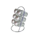 Set 6 Sticlute Condimente Verticale, Suport Cromat, Organizator Bucatarie, Inaltime 20.5cm, Diametru 4.5cm