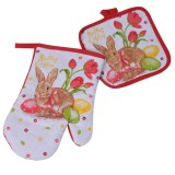 Mănuși Bucătărie Paște, Imprimeu Ouă Iepuraș, Set 2 Bucăți, Bumbac Poliester, Multicolor, Accesorii Decorative Paști