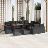 Set canapele gradina Gossi 14 piese cu perne negru poliratan acacia, set dining gradina Gossi 4 piese cu perne negru poliratan acacia