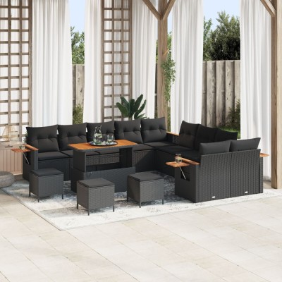Gossi set de canapea de gradina cu perne 13 piese negru ratan poli acacia, Gossi set de dining pentru gradina cu perne 3 piese negru ratan poli acacia foto