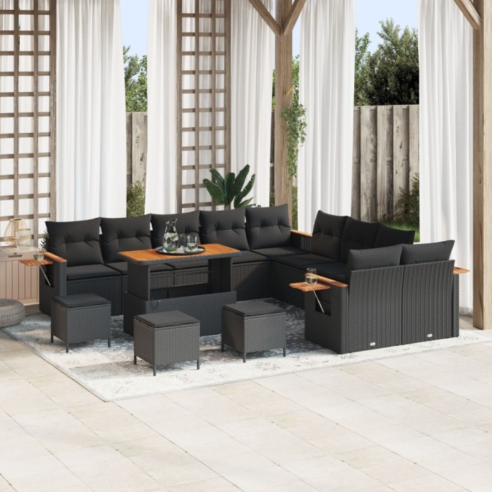 Gossi set de canapea de gradina cu perne 13 piese negru ratan poli acacia, Gossi set de dining pentru gradina cu perne 3 piese negru ratan poli acacia