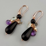 Cumpara ieftin Cercei Argint 925 Placati Aur Roz cu Agat Negru, Acvamarin, Labradorit si Ametist - Bijuterii Handmade, Cutie Cadou Inclusa